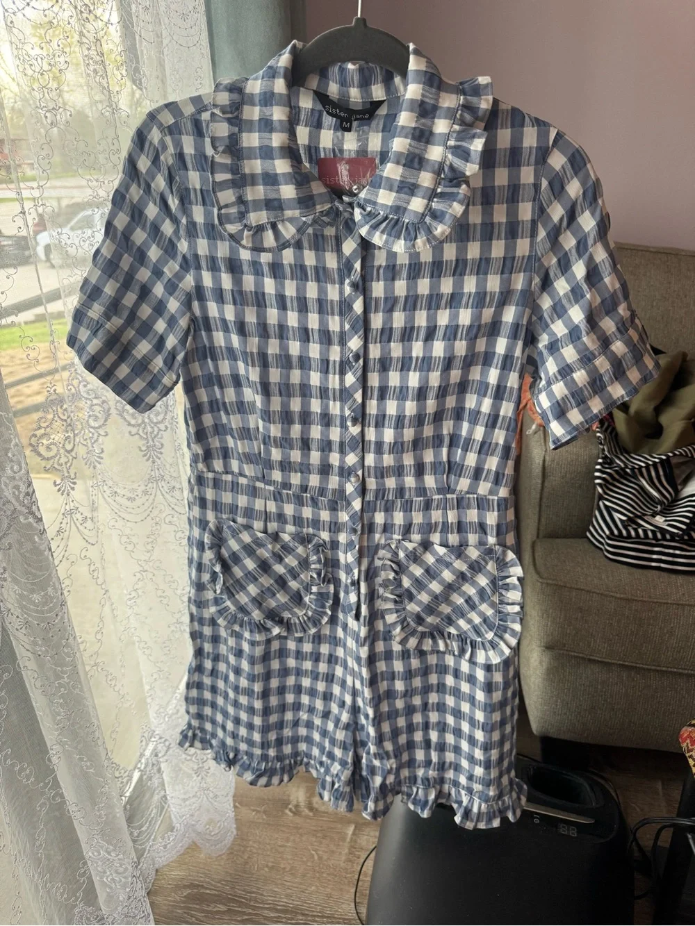 Sister Jane Blue and White Gingham Romper with Ruffle Collar - Picture 1 of 9
